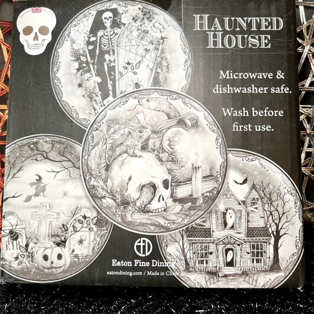 Set of 4 Halloween Fine Dining Plates Black Gray White Witch Snake Cemetery Rat